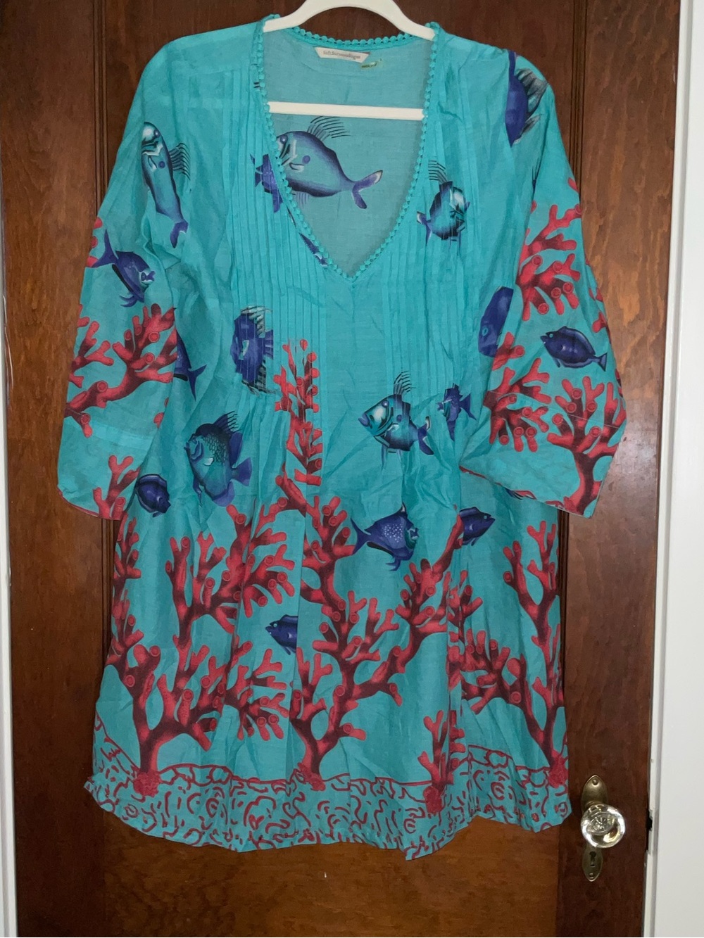 Soft Surroundings Turquoise Tunic with Red Coral & Blue Fish Print